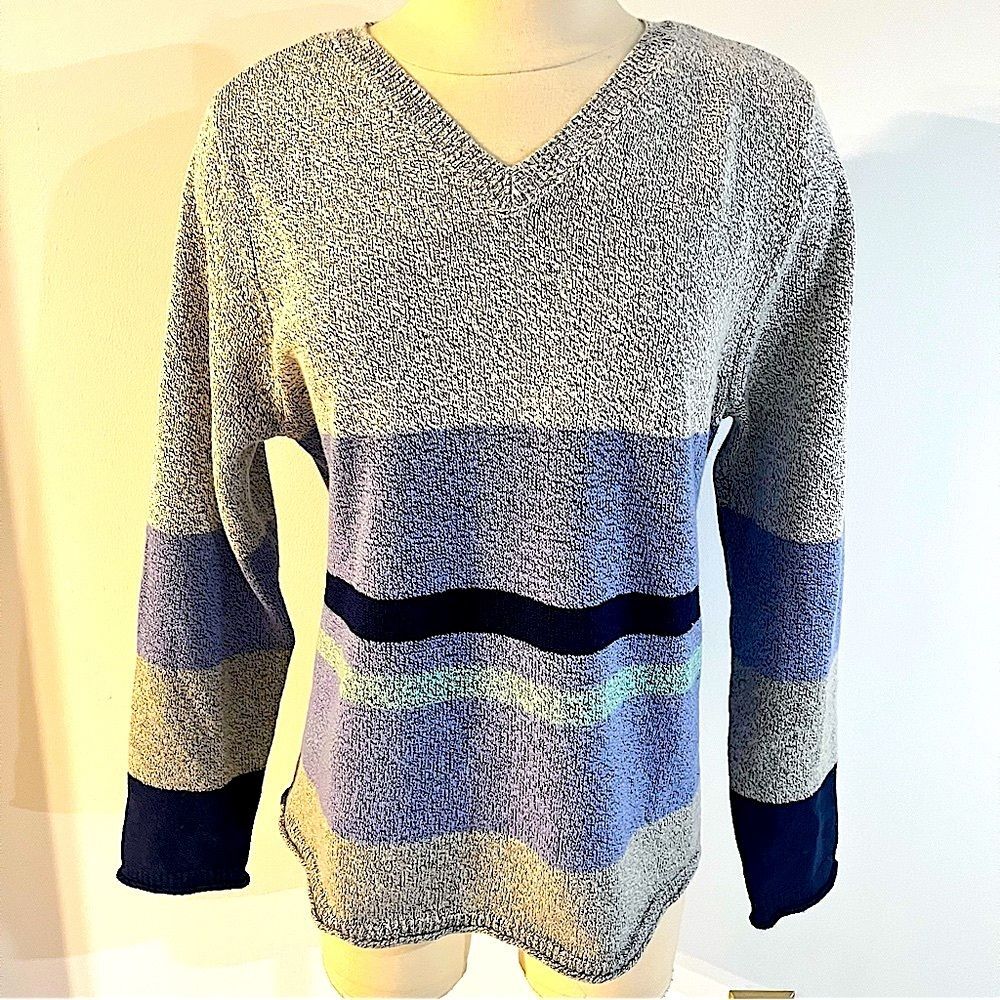 J. Jill V-Neck Grey & Blue Striped Long Sleeve Sweater Size Large Petite